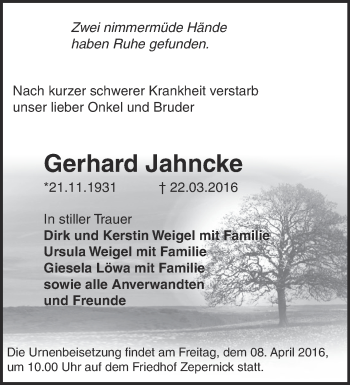 Traueranzeige von Gerhard Jahncke von Märkische Oderzeitung