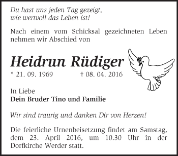 Traueranzeige von Heidrun Rüdiger von Märkische Oderzeitung