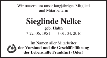 Traueranzeige von Sieglinde Nelke von Märkische Oderzeitung