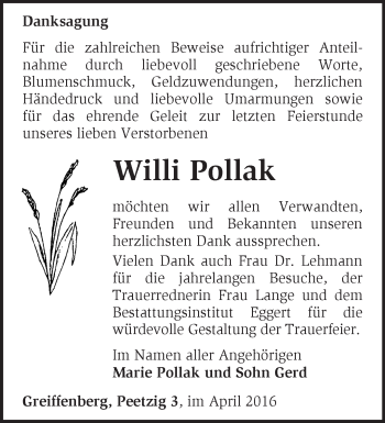 Traueranzeige von Willi Pollak von Märkische Oderzeitung