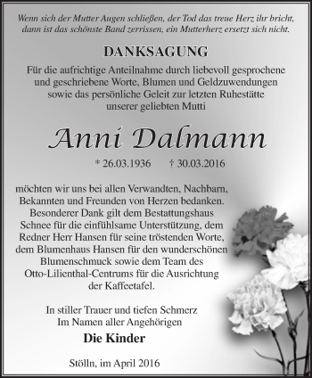 Traueranzeige von Anni Dalmann von Märkische Oderzeitung