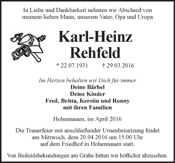 Traueranzeige von Karl-Heinz Rehfeld von Märkische Oderzeitung