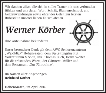 Traueranzeige von Werner Körber von Märkische Oderzeitung