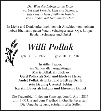 Traueranzeige von Willi Pollak von Märkische Oderzeitung