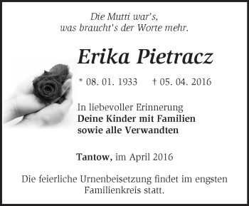 Traueranzeige von Erika Pietracz von Märkische Oderzeitung