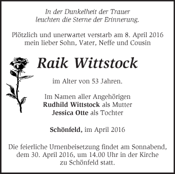 Traueranzeige von Raik Wittstock von Märkische Oderzeitung