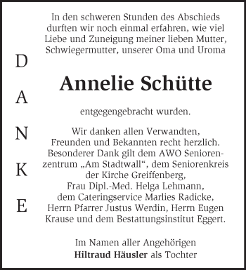 Traueranzeige von Annelie Schütte von Märkische Oderzeitung