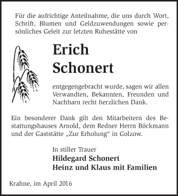 Traueranzeige von Erich Schonert von Märkische Oderzeitung