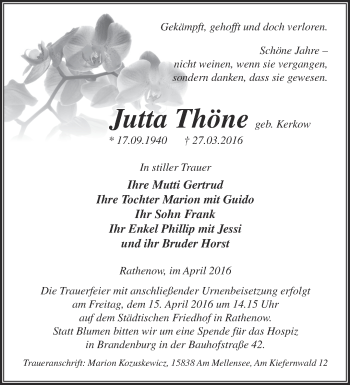 Traueranzeige von Jutta Thöne von Märkische Oderzeitung