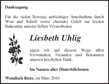 Traueranzeige von Liesbeth Uhlig von Märkische Oderzeitung