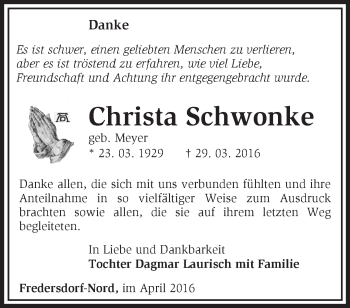 Traueranzeige von Christa Schwonke von Märkische Oderzeitung