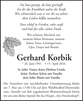 Traueranzeige von Gerhard Korbik von Märkische Oderzeitung