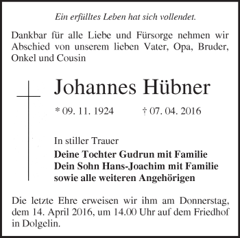 Traueranzeige von Johannes Hübner von Märkische Oderzeitung