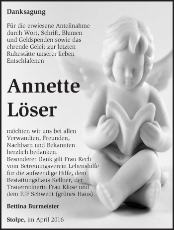 Traueranzeige von Annette Löser von Märkische Oderzeitung