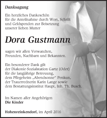 Traueranzeige von Dora Gustmann von Märkische Oderzeitung