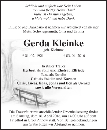 Traueranzeige von Gerda Kleinke von Märkische Oderzeitung