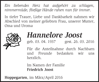 Traueranzeige von Hannelore Joost von Märkische Oderzeitung