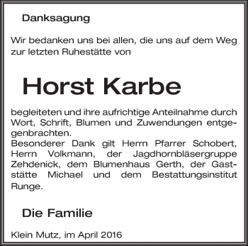 Traueranzeige von Horst Karbe von Märkische Oderzeitung