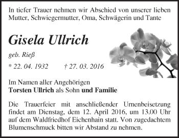 Traueranzeige von Gisela Ullrich von Märkische Oderzeitung