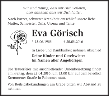 Traueranzeige von Eva Görisch von Märkische Oderzeitung
