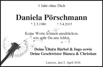 Traueranzeige von Daniela Pörschmann von Märkische Oderzeitung