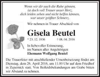 Traueranzeige von Gisela Beutel von Märkische Oderzeitung