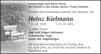 Traueranzeige von Heinz Kielmann von Märkische Oderzeitung