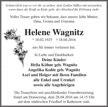 Traueranzeige von Helene Wagnitz von Märkische Oderzeitung