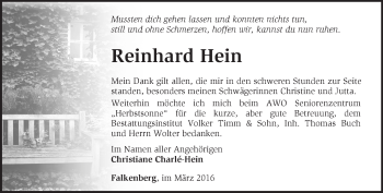 Traueranzeige von Reinhard Hein von Märkische Oderzeitung