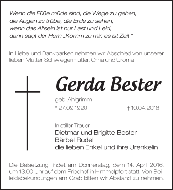 Traueranzeige von Gerda Bester von Märkische Oderzeitung