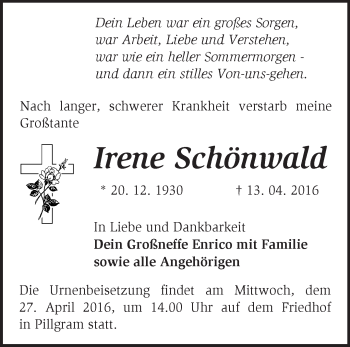 Traueranzeige von Irene Schönwald von Märkische Oderzeitung