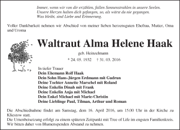 Traueranzeige von Waltraut Alma Helene Haak von Märkische Oderzeitung