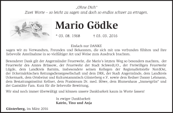 Traueranzeige von Mario Gödke von Märkische Oderzeitung