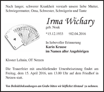 Traueranzeige von Irma Wichary von Märkische Oderzeitung