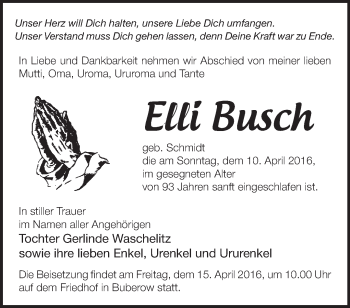 Traueranzeige von Elli Busch von Märkische Oderzeitung