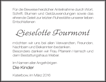 Traueranzeige von Lieselotte Fourmont von Märkische Oderzeitung