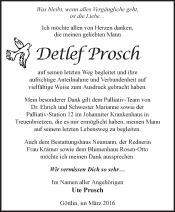 Traueranzeige von Detlef Prosch von Märkische Oderzeitung