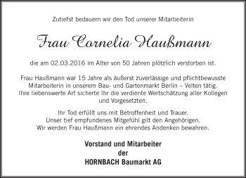 Traueranzeige von Cornelia Haußmann von Märkische Oderzeitung