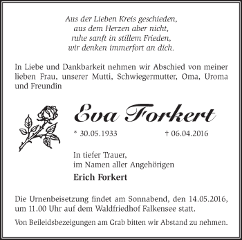 Traueranzeige von Eva Forkert von Märkische Oderzeitung