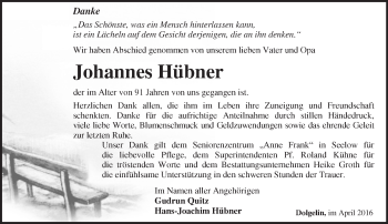 Traueranzeige von Johannes Hübner von Märkische Oderzeitung