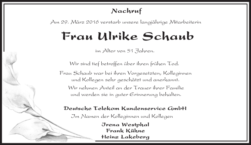  Traueranzeige für Ulrike Schaub vom 13.04.2016 aus Märkische Oderzeitung