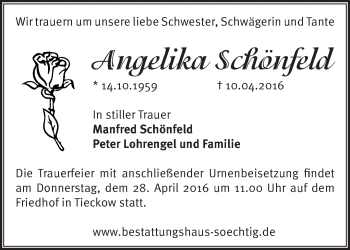 Traueranzeige von Angelika Schönfeld von Märkische Oderzeitung