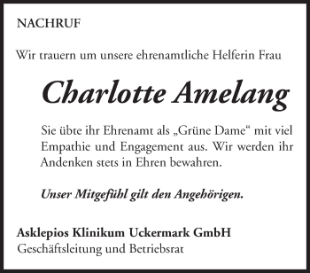 Traueranzeige von Charlotte Amelang von Märkische Oderzeitung