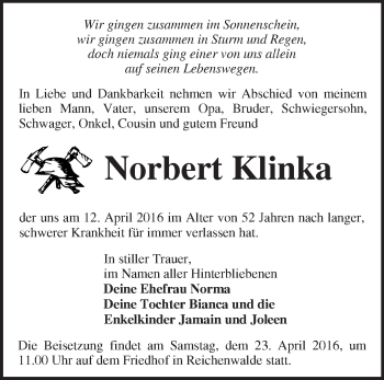 Traueranzeige von Norbert Klinka von Märkische Oderzeitung