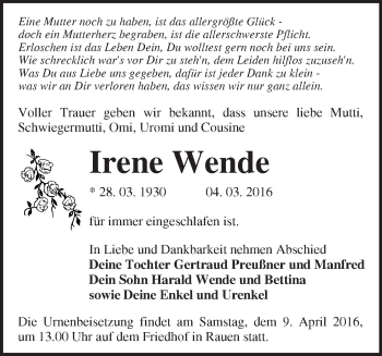 Traueranzeige von Irene Wende von Märkische Oderzeitung