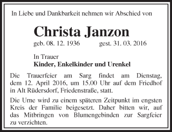 Traueranzeige von Christa Janzon von Märkische Oderzeitung