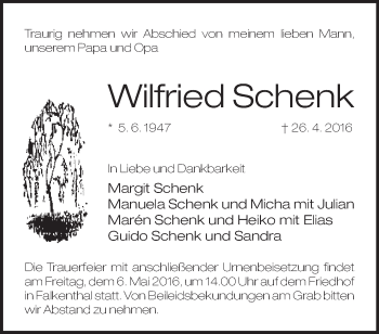 Traueranzeige von Wilfried Schenk von Märkische Oderzeitung