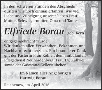 Traueranzeige von Elfriede Borau von Märkische Oderzeitung