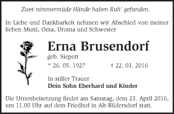 Traueranzeige von Erna Brusendorf von Märkische Oderzeitung