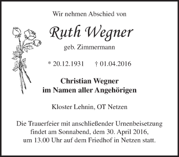 Traueranzeige von Ruth Wegner von Märkische Oderzeitung